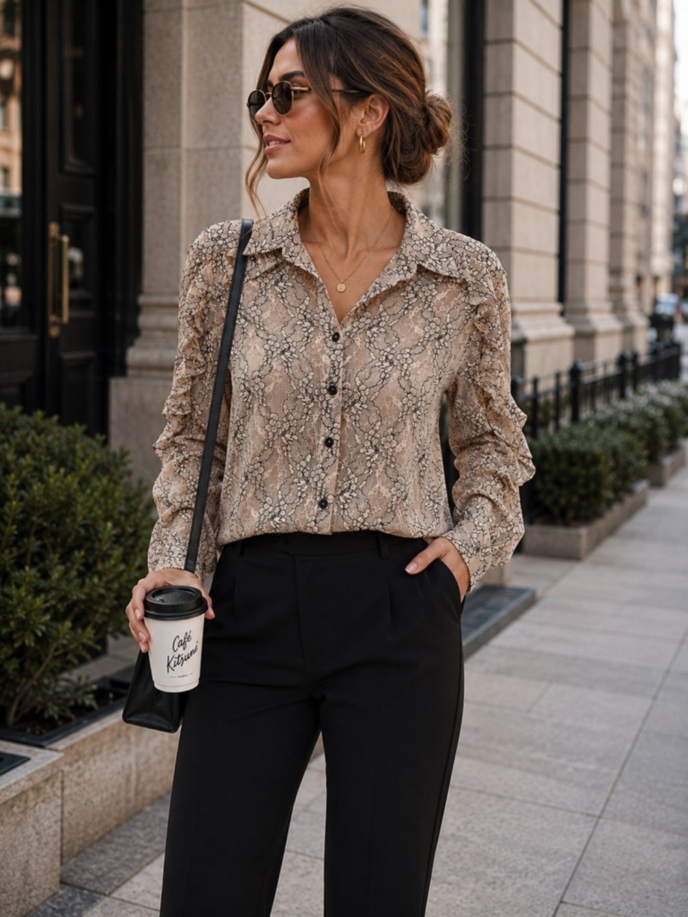 Zara Sheer Lace Ruffle Blouse | Nude Beige & Black | Size M